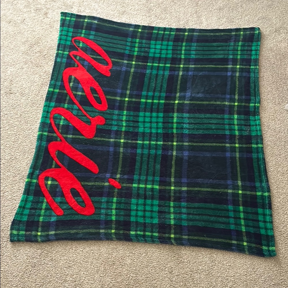 Aerie Green Plaid Blanket with Red Script